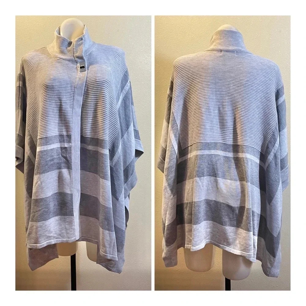 Calvin Klein Gray Poncho Sweater Mock Neck One Button Open Arms Sz S/M